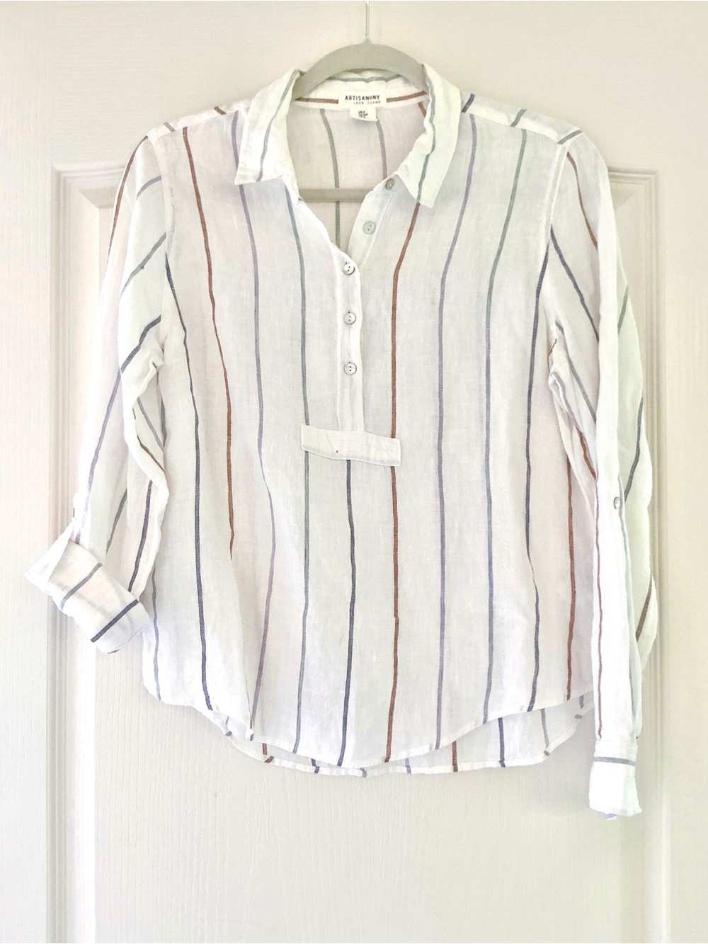 Artisan NY • Linen Popover Tunic White Striped Roll Tab Sleeve Shirt Blouse